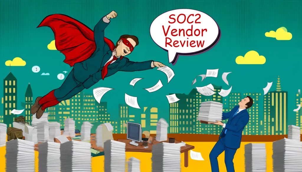 Colorful vintage comic book style illustration for a blog header featuring a businessman superhero flying above a cityscape constructed from towering stacks of paperwork and files. The superhero, wearing a cape and suit, symbolizes mastery over data security and compliance. In the foreground, another character in business attire juggles various electronic devices and documents, humorously depicting the complexity of SOC2 vendor reviews. The background is vibrant and busy, emphasizing the playful and chaotic nature of the subject
